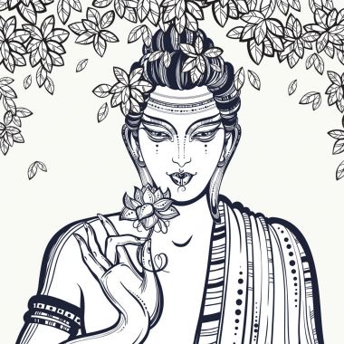 Beautiful graphic Buddha face over the Bodhi Tree. Hand-drawn high-quality vector composition. Spiritual and religious motives. Coloring book page for adults. clipart