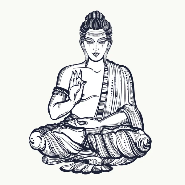 Buddha seduto isolato vettoriale illustrazione. Arte disegnata a mano grafica di alto talento. Firma per tatuaggio, stampa tessile, mascotte e amuleti — Vettoriale Stock