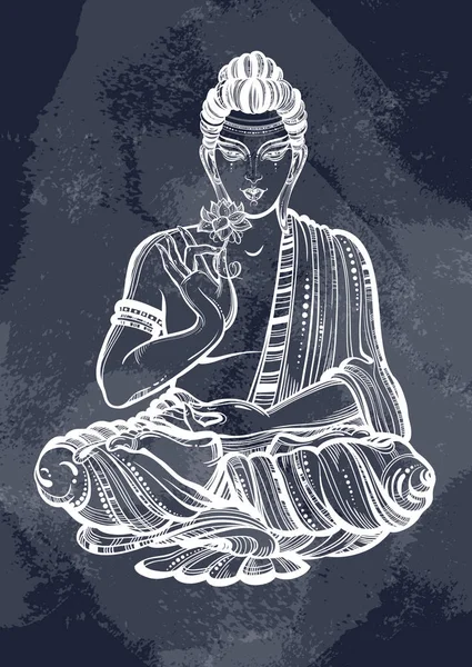 Hermoso Buda sentado sobre la pizarra. Tiza vintage. Arte gráfico vectorial — Archivo Imágenes Vectoriales
