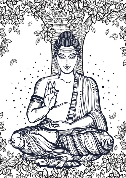 Sitting Buddha over the Bodhi Tree. Graphic high-quality vector illustration. Spiritual and religious motives. Coloring book page for adults. — Stock Illustration Sitting Buddha over the Bodhi Tree. Graphic high-quality vector illustration. Spiritual and religious motives. Coloring book page for adults. Stock Illustration