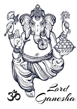 Vintage grafik tarzı Lord Ganesha. Yüksek kaliteli vektör çizim, dövme sanat, yoga, meditasyon, Hint, spa, din, boho tasarım. Baskı, poster, tişört Tekstil için idealdir