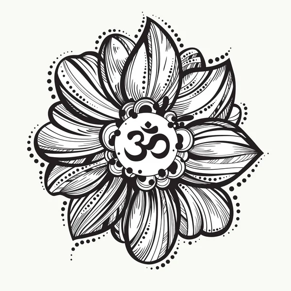 Hand drawn Ohm symbol, indian Diwali spiritual sign Om. Lotus flower around. High detailed decorative vector illustration. Tattoo, yoga, spirituality, textiles. — Stock Vector