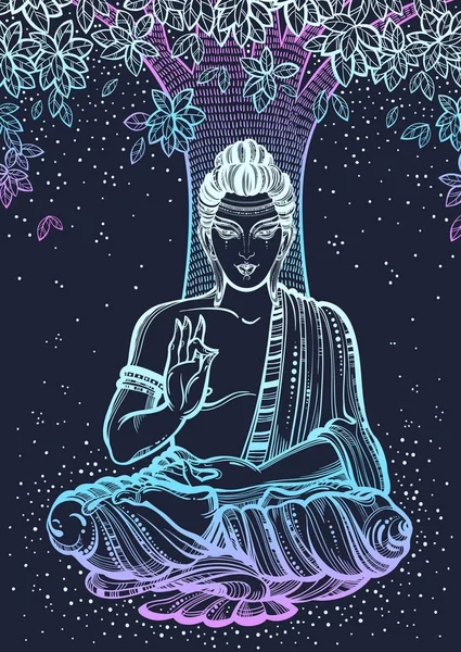 Sitting Buddha over the Bodhi Tree. Graphic high quality vector illustration in neon colors. Spiritual and religious motives. Beautiful hand-drawn art composition