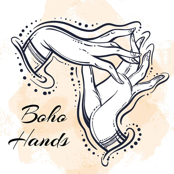 Beautiful high detailed boho hands. Hand-drawn vector illustration isolated. Graphic outlines. Bohemian, tattoo, meditation, spa — Stock Vector