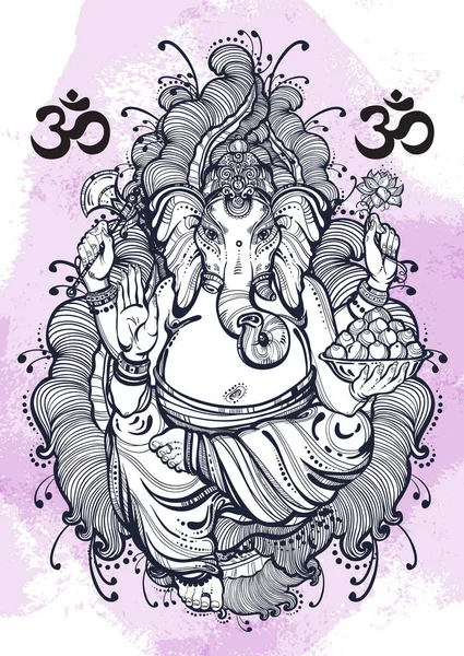 Stile grafico vintage Lord Ganesha su sfondo acquerello. Illustrazione vettoriale di alta qualità, arte del tatuaggio, yoga, indiano, spa, religione, boho design. Ideale per stampe, manifesti, t-shirt tessili — Vettoriale Stock