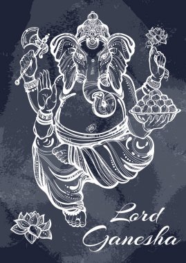 Güzel yüksek Lord Ganesha yazı tahtası üzerinde ayrıntılı. Vintage tebeşir. Grafik vektör çizim, dövme sanat, yoga, meditasyon, Hint, spa, din, boho tasarım. Baskı, poster, tişört Tekstil için idealdir
