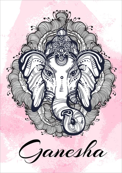 Ινδουιστικό Λόρδου Ganesha ακουαρέλα φόντο. Aroud όμορφα floral στοιχεία. Υψηλή λεπτομερή εικονογράφηση διάνυσμα, τατουάζ τέχνης, γιόγκα, ινδοι, spa, διαλογισμό, boho σχεδιασμού. Ιδανικό για εκτύπωση, αφίσες — Διανυσματικό Αρχείο