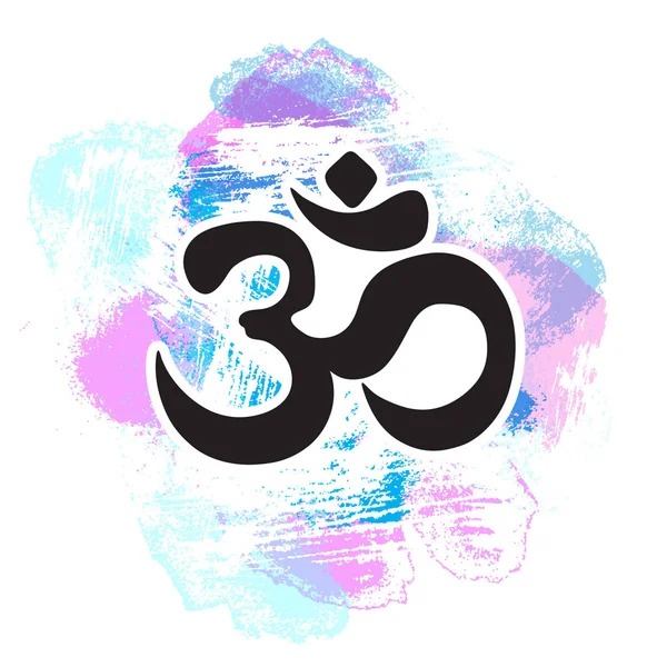 Ω μαύρο σύμβολο σε χέρι πολύχρωμες παστέλ φόντο, ινδική Diwali πνευματικό σύμβολο Ομ. Εκτύπωση, τατουάζ, γιόγκα, πνευματικότητα, κλωστοϋφαντουργικά προϊόντα. — Διανυσματικό Αρχείο
