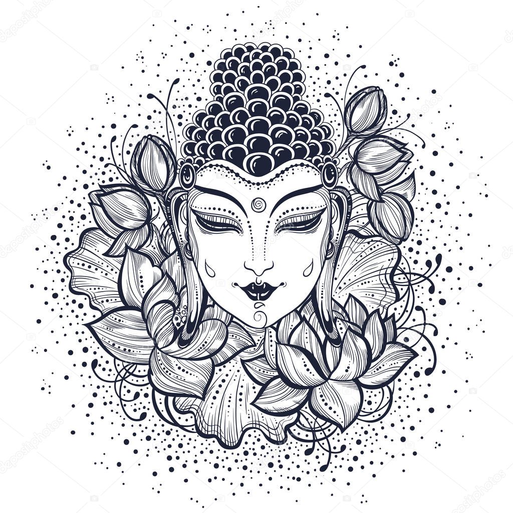 Beautiful Buddha face over high detailed decorative lotus flowes. Graphic vector illustration isolated on white. Spiritual and religious motives. Coloring book page for adults