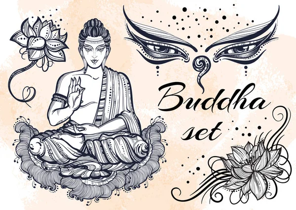Vintage grafica Buddha set con elementi sacri buddisti. Concetto religioso. Arte vettoriale di alta qualità isolata. Tatuaggio arte, yoga, indiano, spa, meditazione, boho design . — Vettoriale Stock