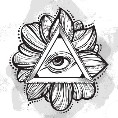 Tüm görme göz piramit sembolü. Providence çizilmiş bakış. Simya, din, maneviyat, dövme sanatı. Vektör illüstrasyon izole. Lotus çiçeği çevresinde.