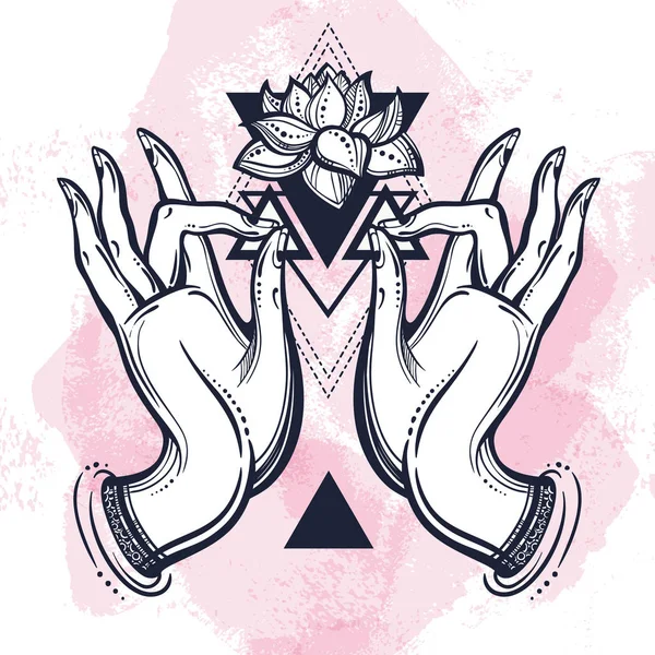 Hermosas manos de Buda dibujadas a mano con flor de loto y geometría sagrada. Ilustración vectorial aislada. Tatuaje, yoga, espiritualidad, textiles . — Vector de stock