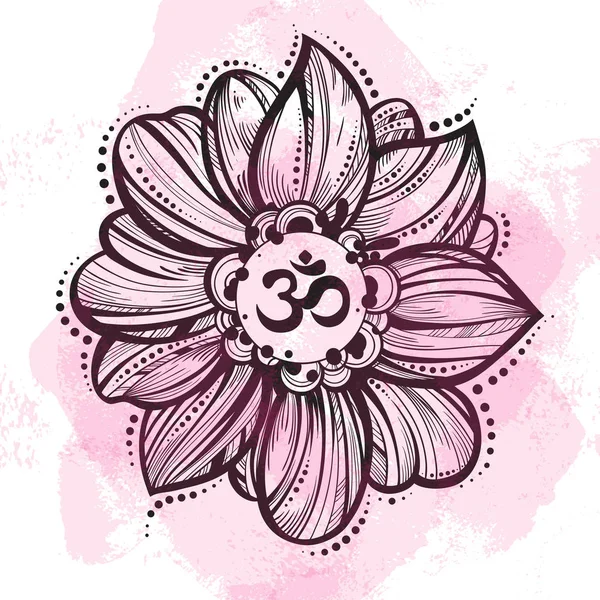 Symbole Ohm dessiné à la main, signe spirituel indien Diwali Om. Fleur de lotus autour. Illustration vectorielle décorative détaillée. Tatouage, yoga, spiritualité, textiles . — Image vectorielle