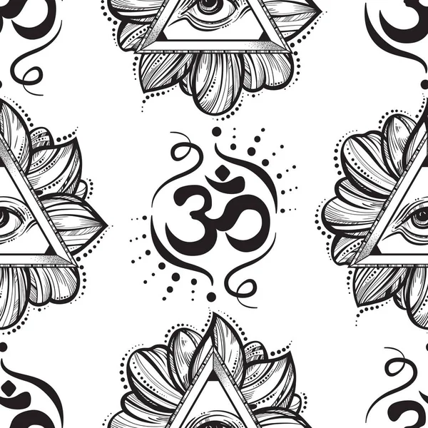 Tout le monde voit la pyramide des yeux. Oeil de Providence dessiné à la main et symbole Ohm illustration transparente. Alchimie, religion, spiritualité, textile . — Image vectorielle