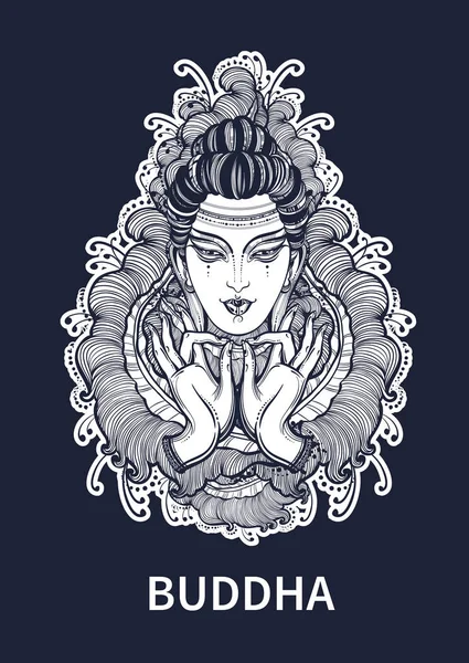 Prachtige Boeddha gezicht met handen over hoog gedetailleerde florale decoratie. Geïsoleerde vectorillustratie. Meld u voor tattoo, textiel print, Mascottes en amuletten. — Stockvector