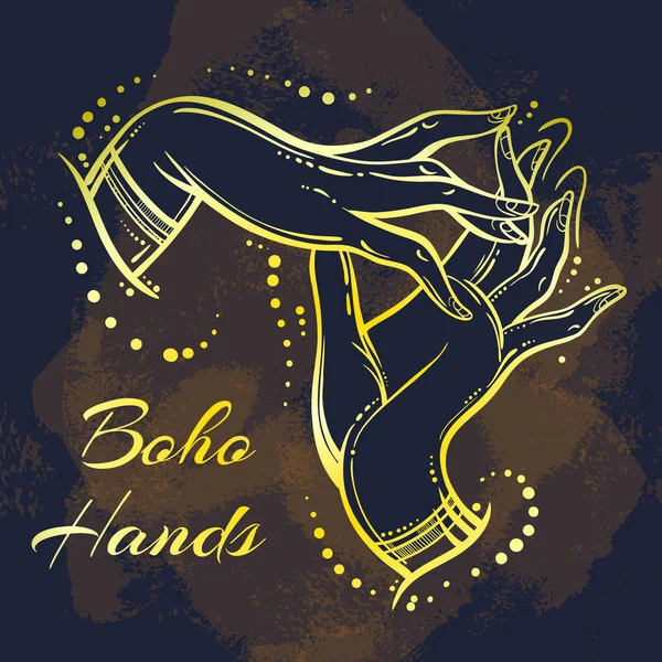 Prachtige hoog gedetailleerde boho handen. Handgetekende vectorillustratie geïsoleerd. Grafische overzichten in goud. Bohemien, tatoeage, meditatie, spa — Stockvector