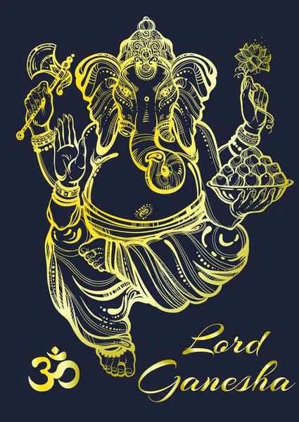 Vacker hög detaljerad Lord Ganesha vektorillustration. Vintage guld. Grafiska, tatuering konst, yoga, indiskt, spa, religion, boho design. Perfekt för print, affischer, t-shirts textilier — Stock vektor