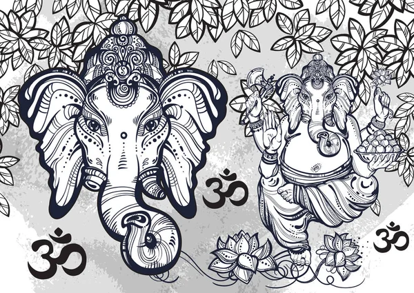 Señor hindú Ganesha sobre fondo acuarela. Hermosos elementos florales en voz alta. Alta ilustración vectorial detallada, arte del tatuaje, yoga, indio, spa, meditación, diseño boho. Ideal para impresión, carteles, t-s — Archivo Imágenes Vectoriales