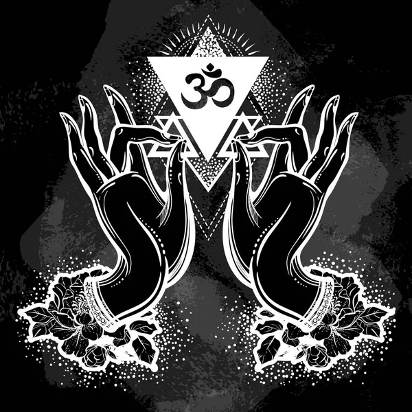 Güzel el Şakayık çiçeği ve kutsal geometri ile Buda el çekilmiş. Vintage tebeşir. Yazı tahtası üzerinde vektör illüstrasyon izole. Dövme, yoga, maneviyat, tekstil.