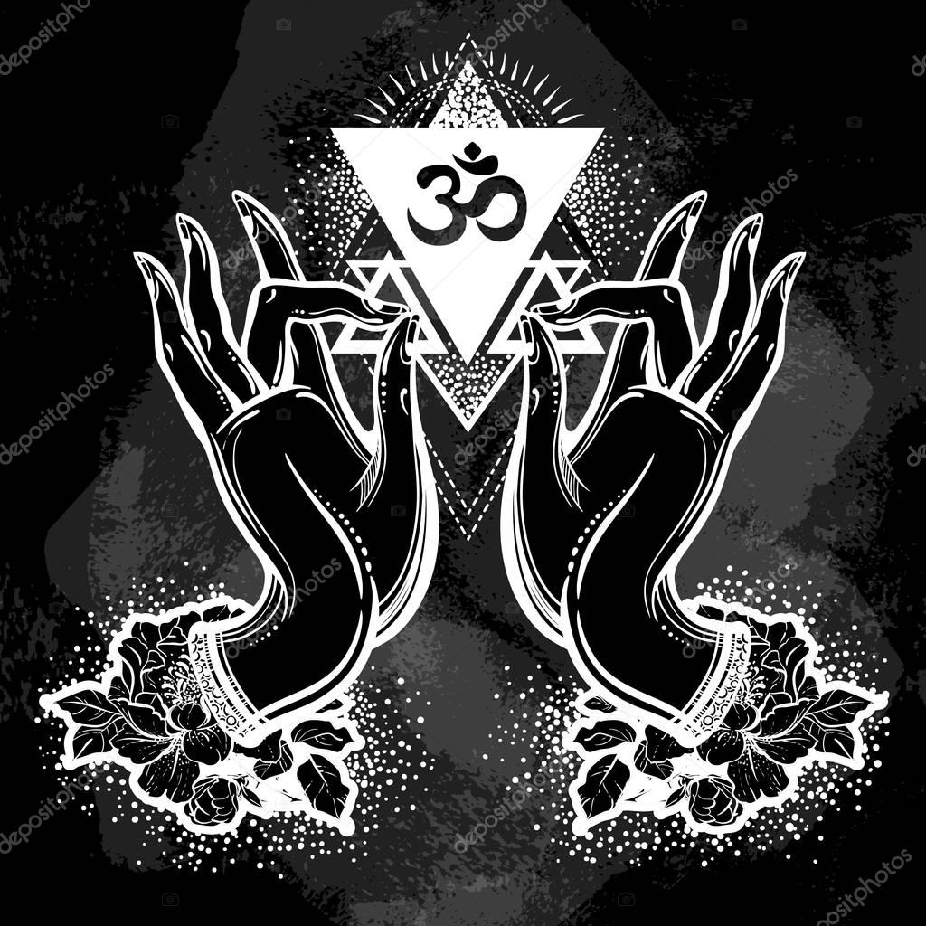 Beautiful hand drawn Buddha hands with peony flower and sacred geometry