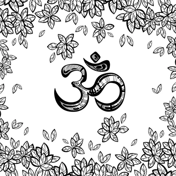 Símbolo Ohm dibujado a mano, indio Diwali signo espiritual Om. Hojas de árbol Bodhi alrededor. Alta ilustración vectorial decorativa detallada en colores neón. Tatuaje, yoga, espiritualidad, textiles . — Vector de stock