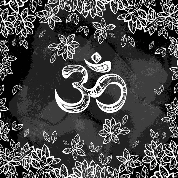 Hand dras Ohm symbol, indiska Diwali andliga tecken Om. Bodhi Tree löv runt. Hög detaljerad dekorativa vektorillustration i neonfärger. Textilier, andlighet, yoga, tatuering. — Stock vektor