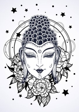 Yüksek Detaylı dekoratif Şakayık flowes ve sucred geometri güzel Buda'nın yüzüne. Beyaz izole grafik vektör çizimleri. Manevi ve dini motifler, ruh, dövme sanat, parmak izi, posterler