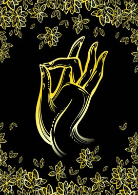 Beautiful high detailed golden Buddha`s hand illustration. Bodhi tree leafs around. Engraved vector art isolated. Tattoo, spiritualy, yoga, meditation, textile clipart