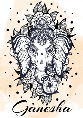 Hindu Lord Ganesha suluboya arka plan üzerinde. Güzel Şakayık çiçekleri departmanımız. Yüksek Detaylı vektör çizim, dövme sanat, yoga, spa, meditasyon, boho tasarım. Baskı, afiş, t-shirt Tekstil