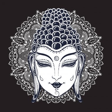 Mandala, süsleme desen yuvarlak güzel Buda'nın yüzüne. Vektör dekoratif etnik çizimleri. Hindistan, Tayland, Budizm ve dini motifler, sanat dövme. Kullanım için baskı, poster, tişörtleri, tekstil.