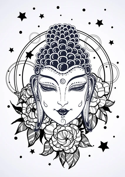 Yüksek Detaylı dekoratif Şakayık flowes ve sucred geometri güzel Buda'nın yüzüne. Beyaz izole grafik vektör çizimleri. Manevi ve dini motifler, ruh, dövme sanat, parmak izi, posterler