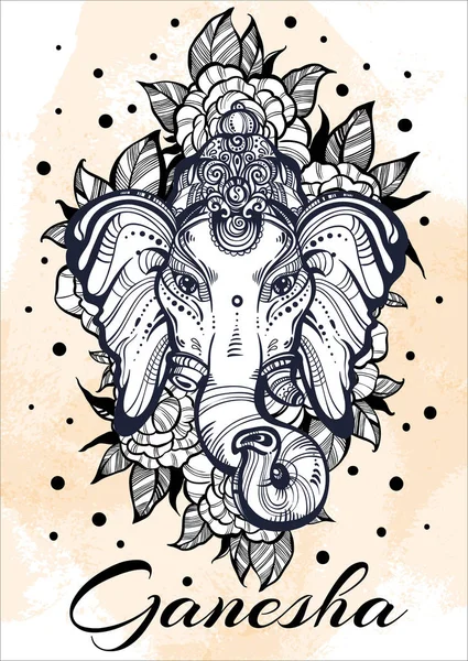 Hindu Lord Ganesha suluboya arka plan üzerinde. Güzel Şakayık çiçekleri departmanımız. Yüksek Detaylı vektör çizim, dövme sanat, yoga, spa, meditasyon, boho tasarım. Baskı, afiş, t-shirt Tekstil