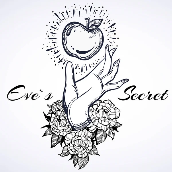 Eva'nın el yasak tutarak. Yüksek uygulama projesi güzel dövme. Konsept sanat. Öğe Eve İncille hikayesi. Vintage vektör illüstrasyon izole.
