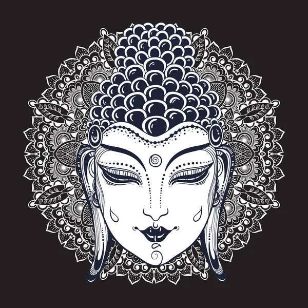 Vacker Buddha ansikte över Mandala, runda prydnad mönster. Dekorativa etniska vektorgrafik. Indien, Thailändsk, buddhismen och religiösa motiv, tatuering konst. Användning för print, affischer, t-shirts, textilier. — Stock vektor