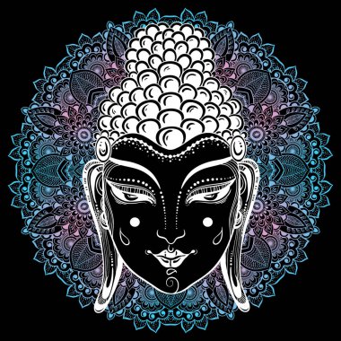 Mandala, süsleme desen yuvarlak güzel Buda'nın yüzüne. Vektör dekoratif etnik çizimleri. Hindistan, Tayland, Budizm ve dini motifler, sanat dövme. Kullanım için baskı, poster, tişört, tekstil.