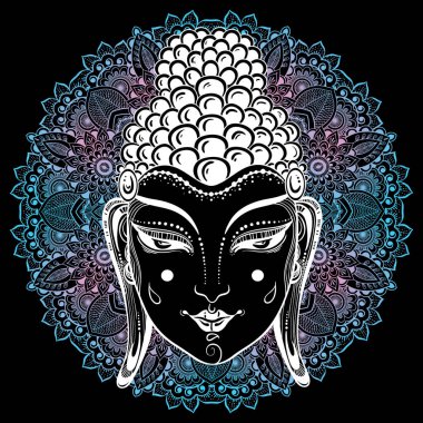 Beautiful Buddha face over the Mandala, round ornament pattern. Vector decorative ethnic artwork. India, Thai, buddhism and religious motifs, tattoo art. Use for print, posters, t-shirts, textiles. clipart