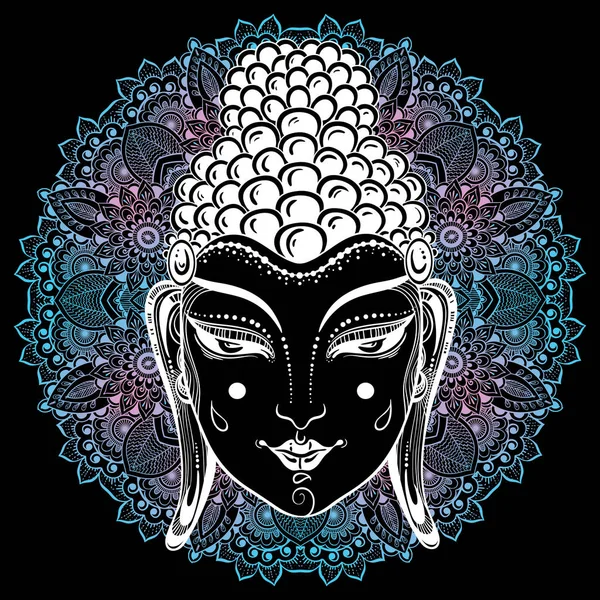 Mandala, süsleme desen yuvarlak güzel Buda'nın yüzüne. Vektör dekoratif etnik çizimleri. Hindistan, Tayland, Budizm ve dini motifler, sanat dövme. Kullanım için baskı, poster, tişört, tekstil.
