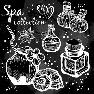 El yazı tahtası üzerinde güzel spa simgeleri çizilmiş. Vintage tebeşir. Yüksek Detaylı spa grafik gerçekçi elemanları izole. Afiş, tabela, parmak izi. Spa, Masaj, yoga. Asya, tropikal, Tayland, Hindistan