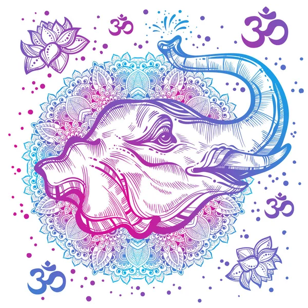 Mão desenhada bela cabeça de elefante com Mandala indiano, padrão de ornamento redondo. Hagh ilustração vetorial detalhada. África, Índia, design boho, viagens, arte da tatuagem. Impressão, cartazes, camisetas, têxteis . —  Vetores de Stock