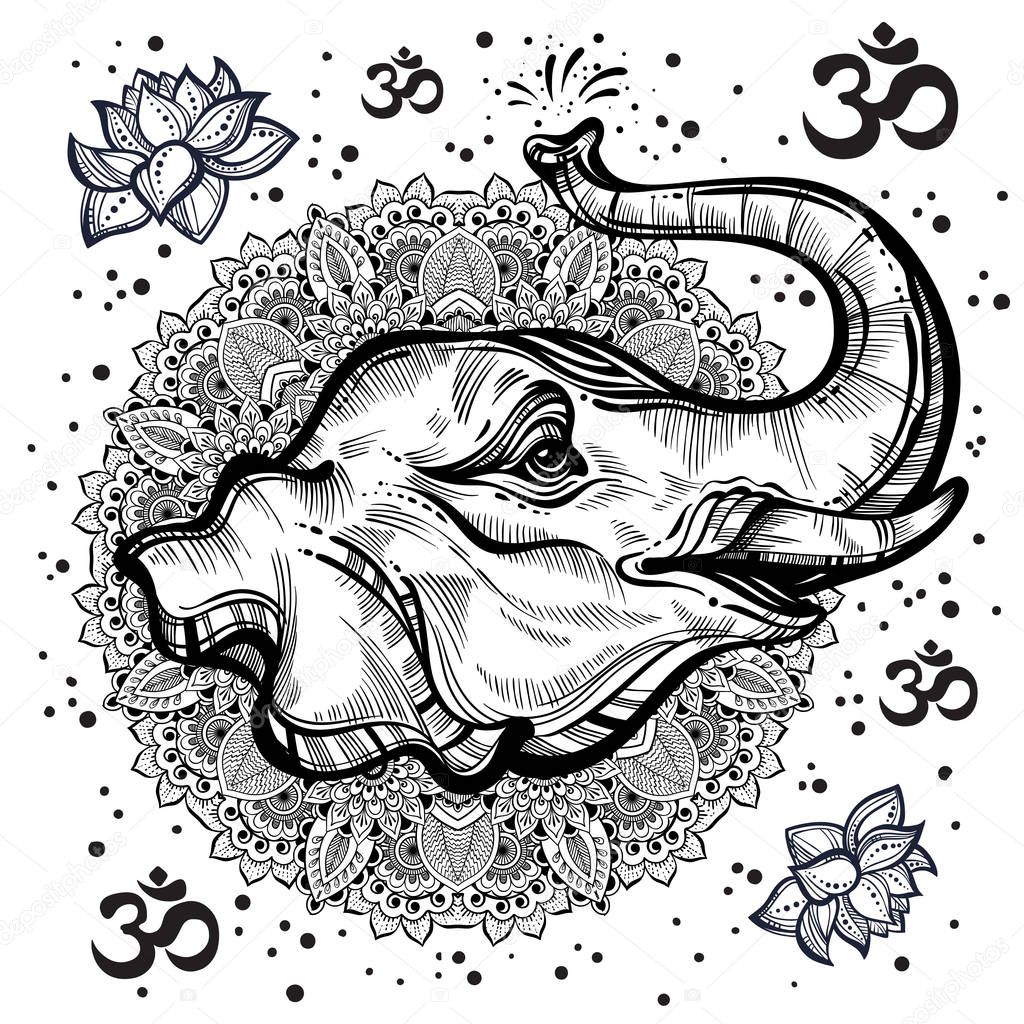 Hand drawn beautiful elephant head with indian Mandala, round ornament pattern. Hagh detailed vector illustration. Africa, India, boho design, travel, tattoo art. Print, posters, t shirts, textiles.