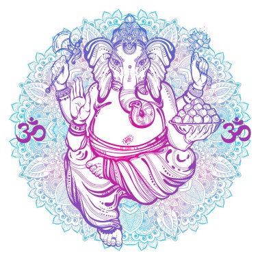 Vintage grafik tarzı Lord Ganesha. Mandala, ornasment desen yuvarlak. Yüksek kaliteli vektör çizim, dövme sanat, yoga, meditasyon, Hint, spa, din, boho tasarım. Baskı, afiş, t-shirt Tekstil