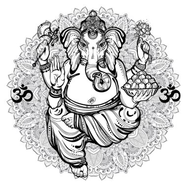 Vintage grafik tarzı Lord Ganesha. Mandala, ornasment desen yuvarlak. Yüksek kaliteli vektör çizim, dövme sanat, yoga, meditasyon, Hint, spa, din, boho tasarım. Baskı, afiş, t-shirt Tekstil