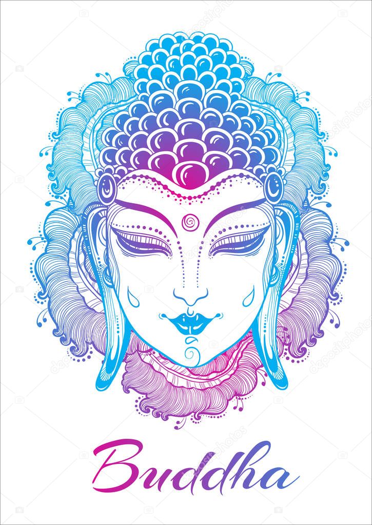 Beautiful Buddha face over high detailed decorative floral elements. Colorful outline artwork isolated. Spiritual and religious motives. Indian, Thai, prints, posters, t-shirts.