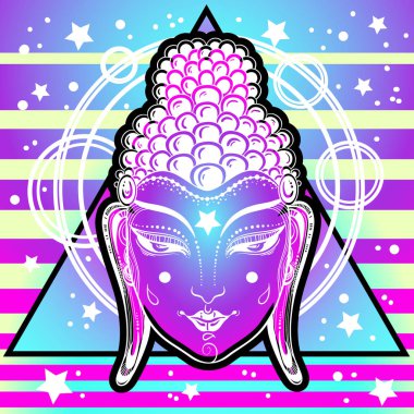 Olağanüstü Buda neon renkler üzerinde kutsal geometri ve kozmik canlı arka yüzüne. Aydınlanma, dönüşüm, maneviyat. Vintage tarzı dini poster. Vektör çizimleri. Dövme, yoga.