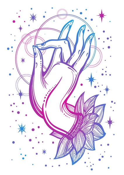Güzel yüksek Buda'nın eli resimde ayrıntılı. Lineer tarzda izole dini vektör çizimleri. Dövme, spiritualy, yoga, meditasyon, tekstil, baskı, poster, t-shirtler