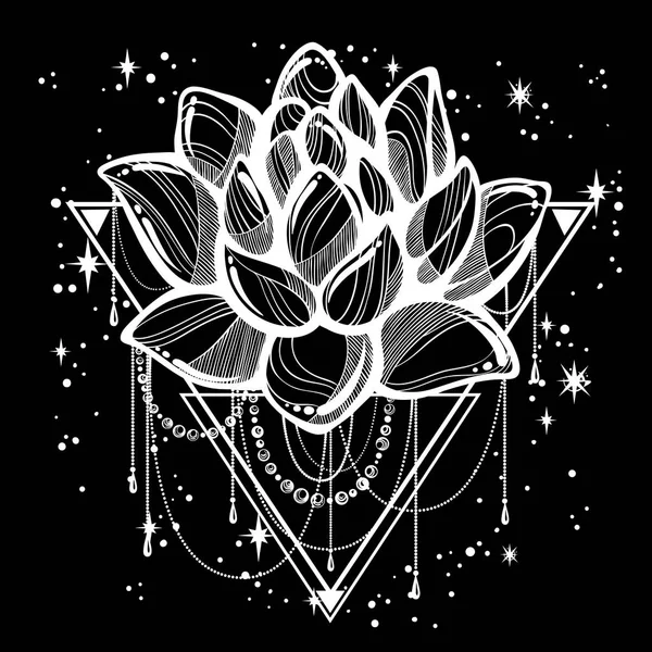 Estilo boho vetorial esboço ilustração da moda isolado. Flor de lótus na geometria sagrada e uma dispersão de estrelas. Arte da tatuagem. Místico, religioso, cromático, astrologia, astronomia, ocultismo, arte conceitual . — Vetor de Stock