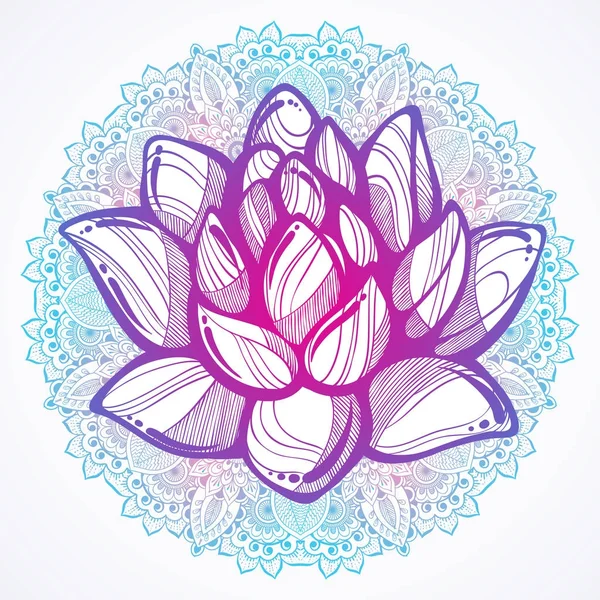 Vector hand dras vacker illustration av lotusblomma över det runda Mandala-mönstret. Buddhistiska andliga motiv. Tatuering element, yoga, spa, meditation, ande, religiösa. Skriv ut, affisch, textil. — Stock vektor