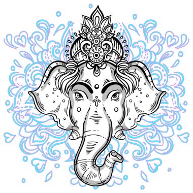 Lord Ganesha güzel resim çizilmiş. Doodle tarzı renkli arka plan. Yüksek Detaylı vektör görüntü. Sanrı yaratıcı illüstrasyon. Budizm, yoga, dövme. Baskı, poster, etiket, tekstil.