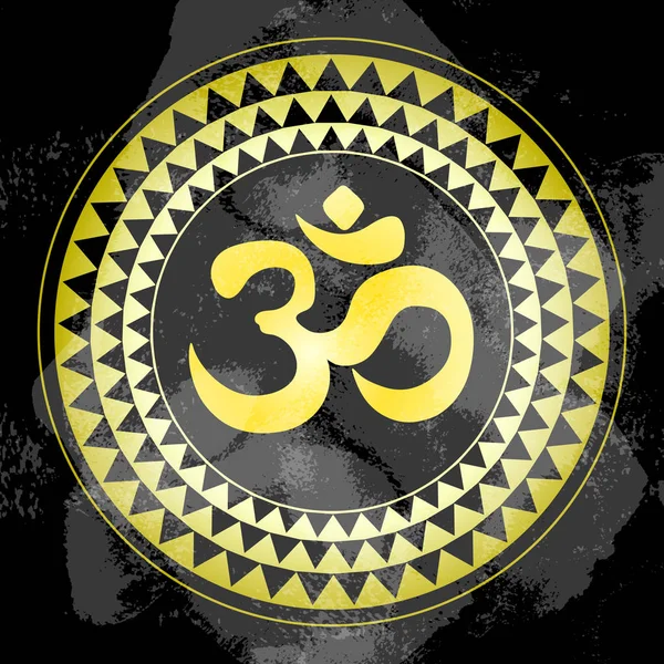 Signo de oro Ohm, indio Diwali signo espiritual Om sobre patrón redondo étnico. Vector oriental símbolo religioso. India, Tailandia, Asia. Espiritual, Dios, mente, religión. Arte del tatuaje, impresión, cartel, textil . — Archivo Imágenes Vectoriales