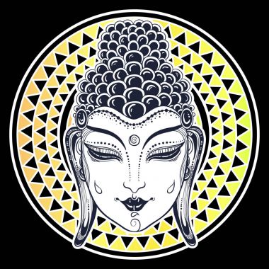 Kabile geometrik süsleme güzel Buda'nın yüzüne. İzole vektör dekoratif etnik çizimleri. Hindistan, Tayland, Budizm ve dini motifler, sanat dövme. Kullanım için baskı, poster, tişört ve Tekstil.